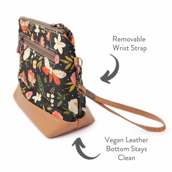 Night Forest Mini Trini Bag side view showing the removable wrist strap, zippered exterior back pocket, and vegan leather bottom with annotated feature text