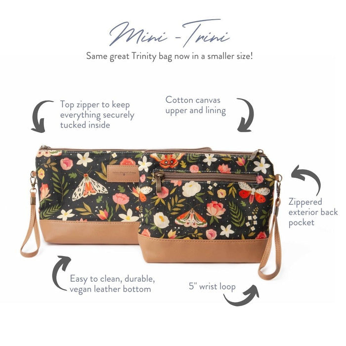 Mini Trini infographic showing front and back views of the Night Forest bag with annotated features including top zipper, cotton canvas, vegan leather bottom, wrist loop, and exterior pocket