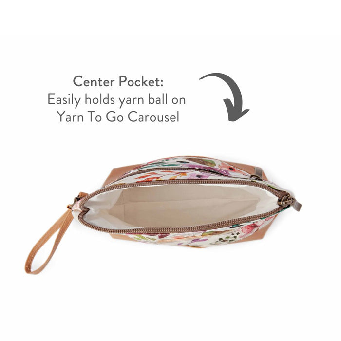 Spring Floral Mini Trini Bag interior view from above showing the cream cotton lining center pocket with annotated text about holding a yarn ball on Yarn To Go Carousel