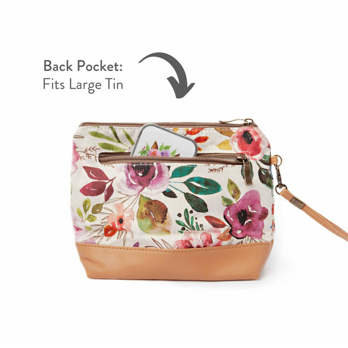 Spring Floral Mini Trini Bag back view showing the zippered exterior pocket partially open with a storage tin visible and annotated text reading Back Pocket Fits Large Tin