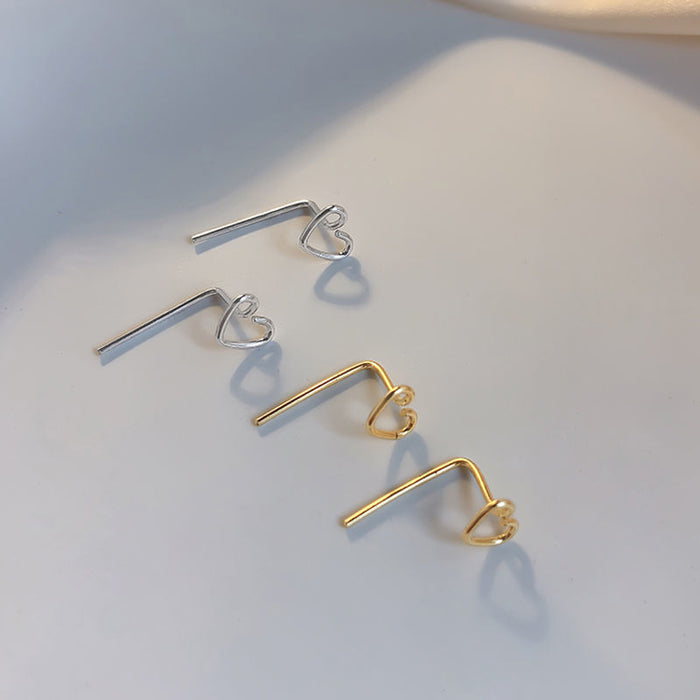 Minimalist Silver Open Heart Studs & Threader Set | Dainty Heart Pull-Through Earrings