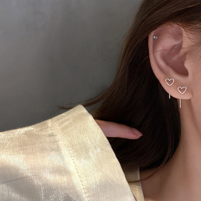 Minimalist Silver Open Heart Studs & Threader Set | Dainty Heart Pull-Through Earrings