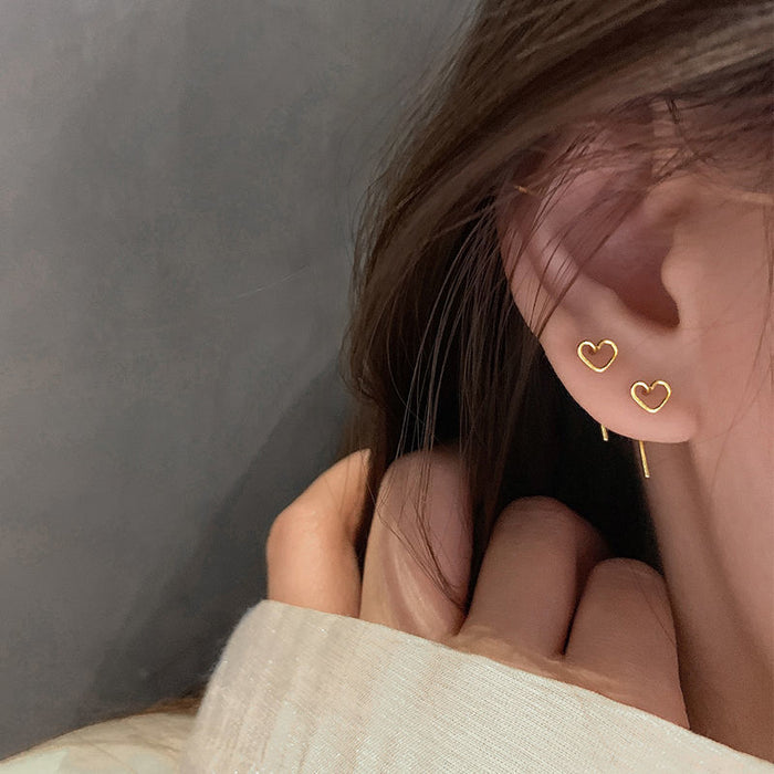 Minimalist Silver Open Heart Studs & Threader Set | Dainty Heart Pull-Through Earrings