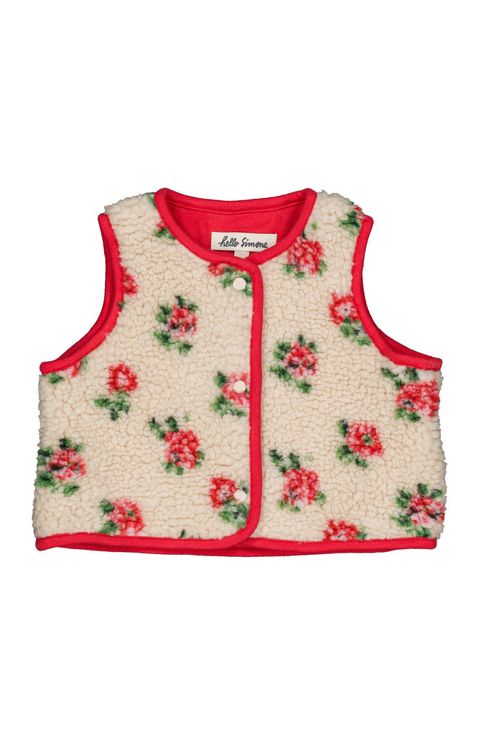 A sleeveless fleece vest with a red border and a red, pink, and green floral pattern on a cream background, shown flat on a white background.