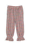 A pair of children's plaid pants with a smocked elastic waistband and ruffled cuffs, featuring a pattern of red, blue, and white on a beige background.