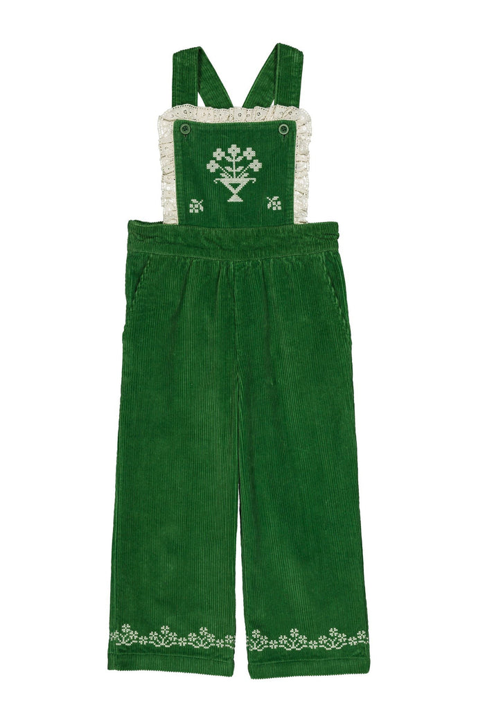 A green children's corduroy overall-style romper with white embroidered floral details on the bib panel and along the leg hems, shown flat against a white background.