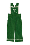 A green children's corduroy overall-style romper with white embroidered floral details on the bib panel and along the leg hems, shown flat against a white background.