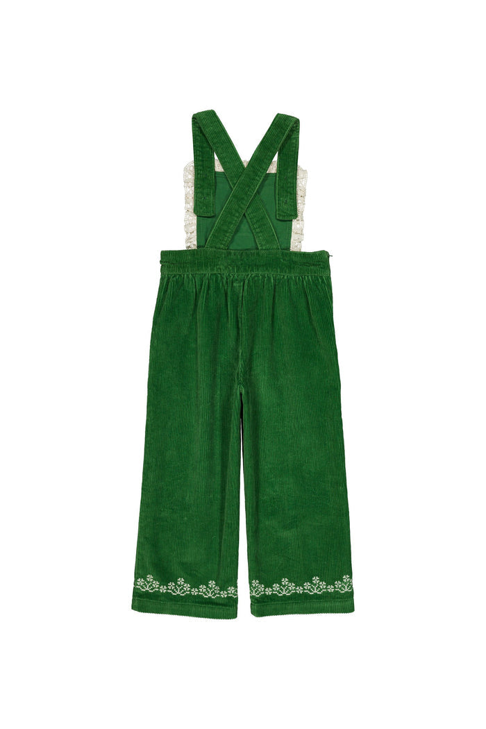 Green corduroy overalls with wide legs and adjustable shoulder straps, featuring a white lace trim at the waist and hem, shown against a plain white background.