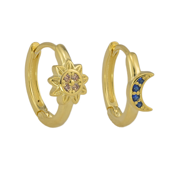 Modern Sun and Moon Zirconia Hoop Earrings Sterling Silver 18k Gold Plated / Platinum Plated