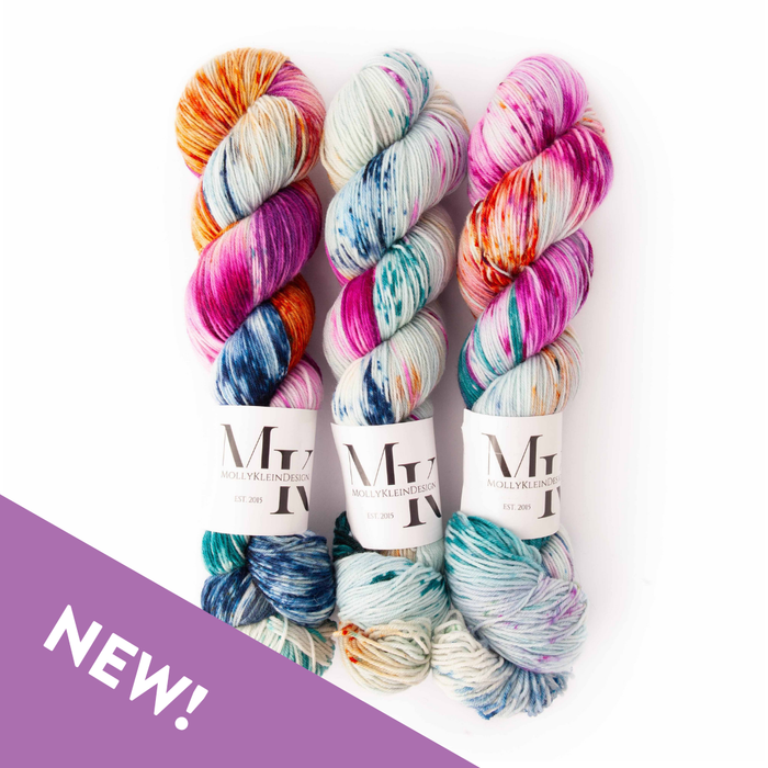 Three skeins of colorful yarn with labels on a white background, featuring the brand 'My Yarn'.
