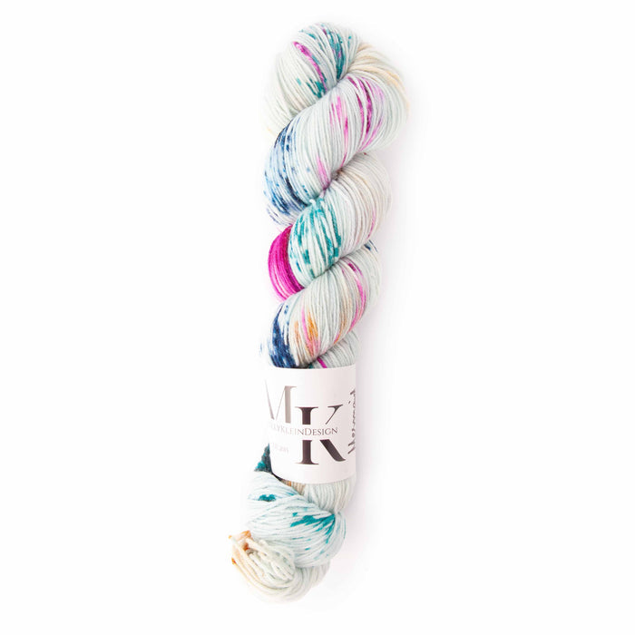 Molly Klein Design Sweet Sock Fingering Weight yarn skein in Mermaid colorway with pink green and blue hand-dyed tones
