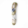 Skein of Molly Klein Yarns Sweet Sock fingering weight yarn in Froggy colorway, a cream base with sage green, blue, and pink speckles