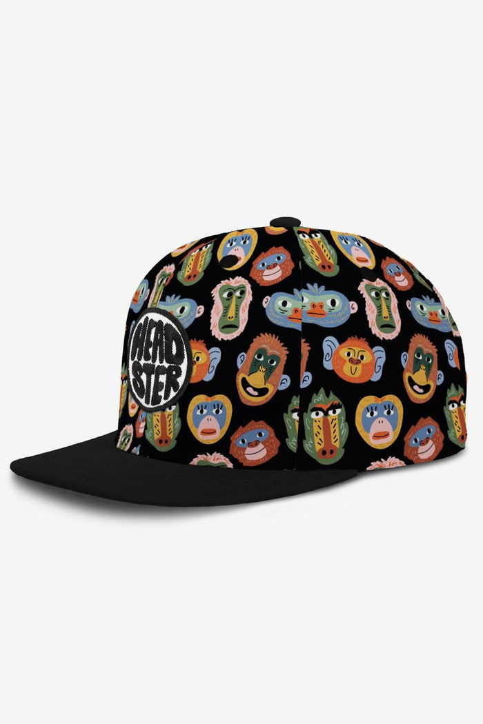 Black cap with colorful character pattern on a white background