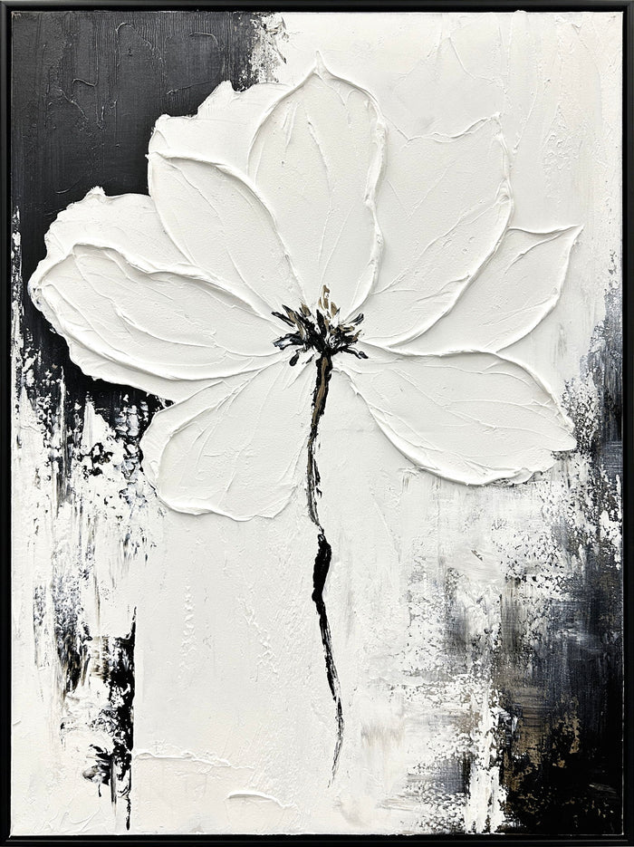 "Monochrome Blossom" Hand-Painted Canvas In Frame - White / Gray