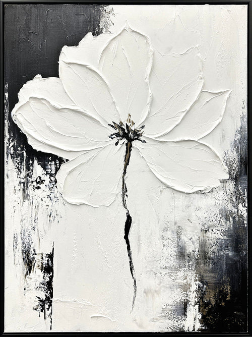"Monochrome Blossom" Hand-Painted Canvas In Frame - White / Gray