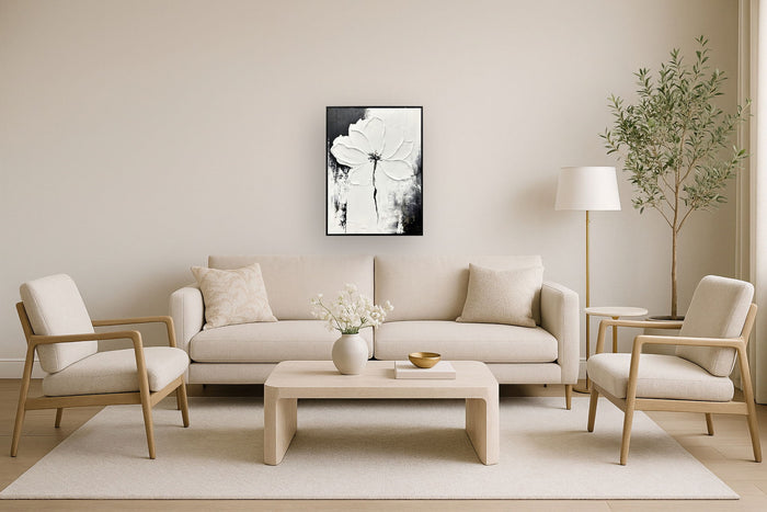 "Monochrome Blossom" Hand-Painted Canvas In Frame - White / Gray