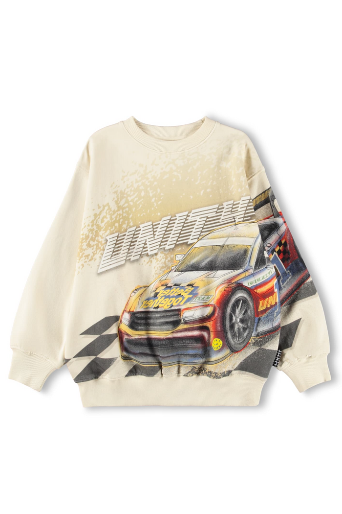 Beige sweatshirt with a car graphic on a white background