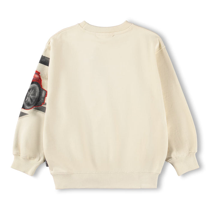 Beige sweatshirt with a graphic design on the sleeve against a white background