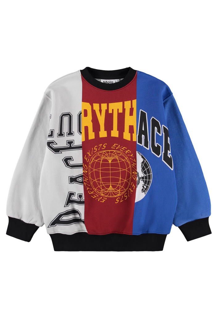 Multicolored sweatshirt with text and graphics on a white background