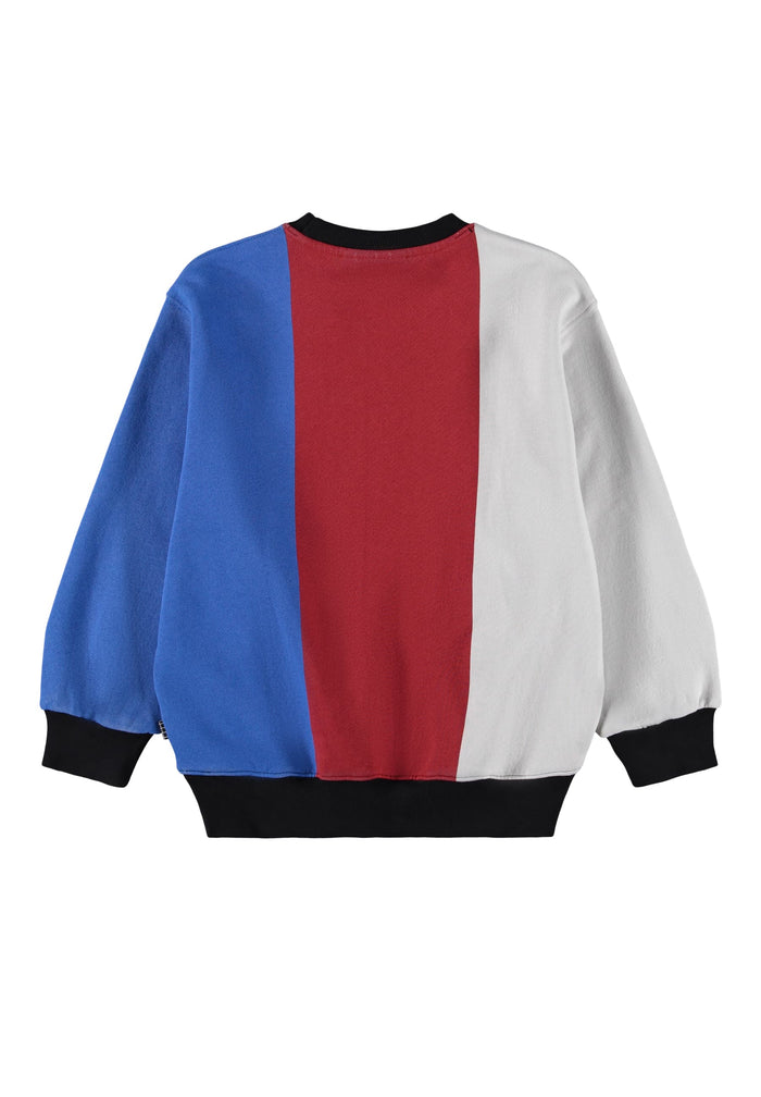 Color-blocked sweatshirt with blue, red, and white sections on a white background