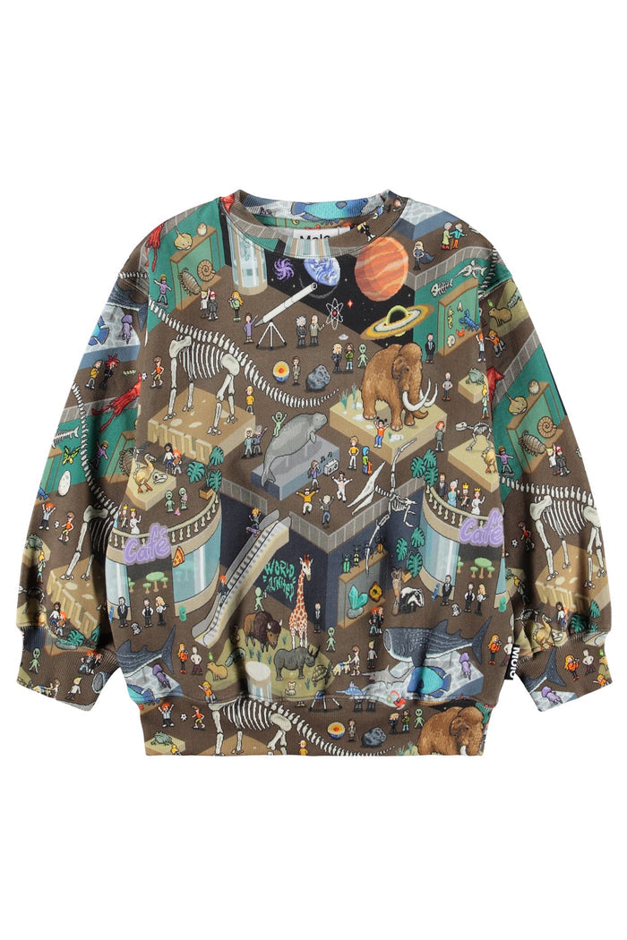 Sweatshirt with a detailed pixel pattern of animals and nature on a white background