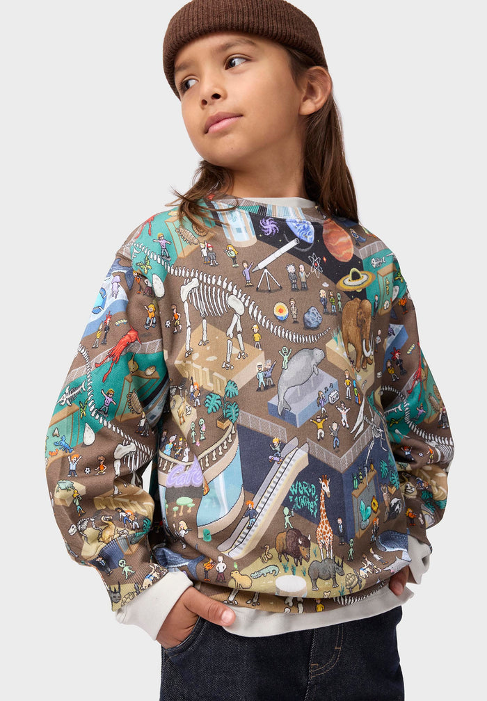 Child wearing a colorful patterned sweatshirt on a white background