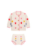 A baby knit two-piece outfit set consisting of a cardigan and matching diaper cover. The cardigan is cream-colored with pink trim, brown buttons, and colorful embroidered flowers in red, yellow, and blue.