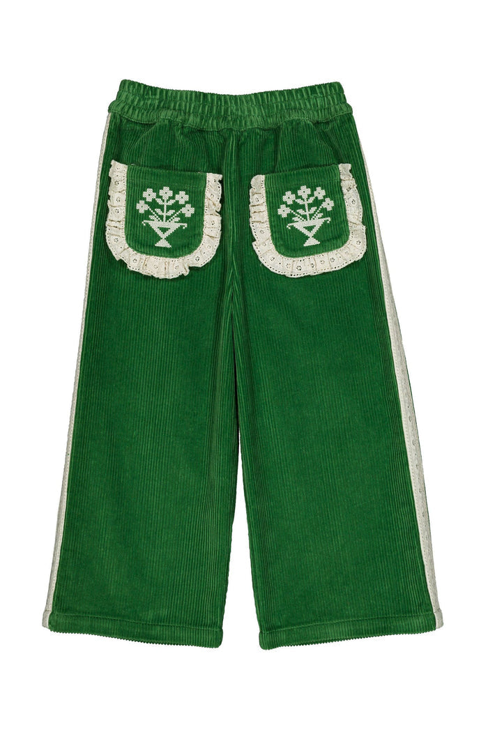 Green corduroy cropped pants with decorative white embroidered pocket details and white side stripes, shown flat on a white background.