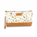 Mountain Meadow Trinity Bag medium zippered knitting project bag with wildflower and butterfly print fabric, tan faux leather bottom, zipper, and wrist strap