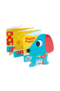 A colorful children's playbook titled 'Playful Puppy' featuring a blue puppy with red ears on the cover, with three accordian style sections behind it on a white background.