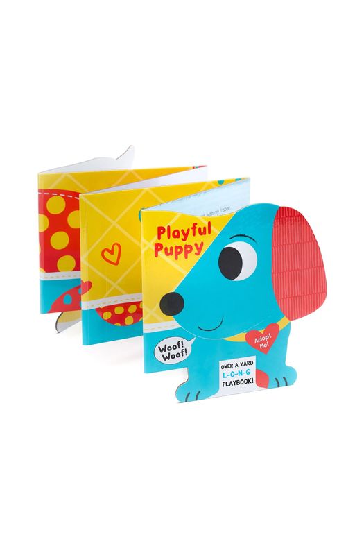 A colorful children's playbook titled 'Playful Puppy' featuring a blue puppy with red ears on the cover, with three accordian style sections behind it on a white background.
