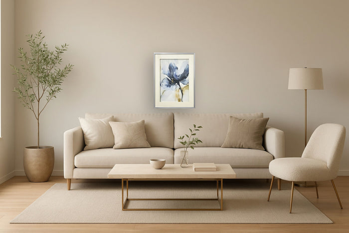 "Mystic Blossom" Hand-Embellished Framed Under Acrylic - Blue / Taupe / Silver