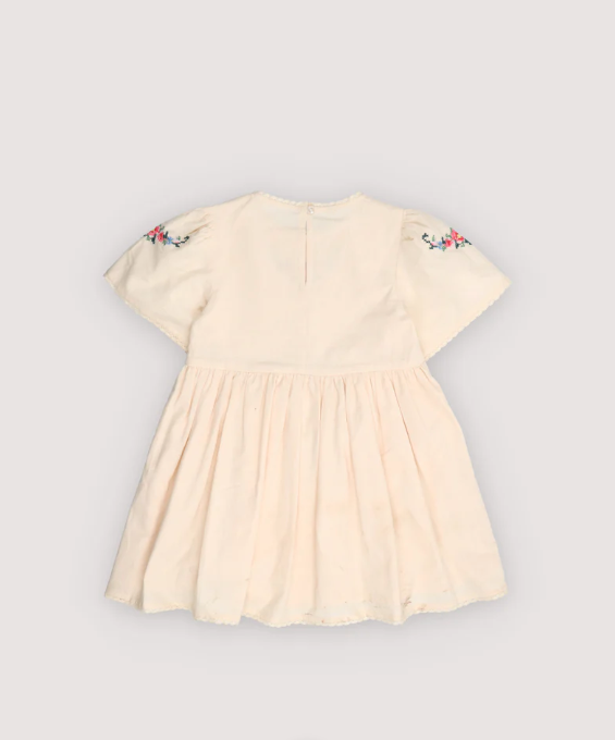 Beige dress with floral embroidery on sleeves against a light gray background