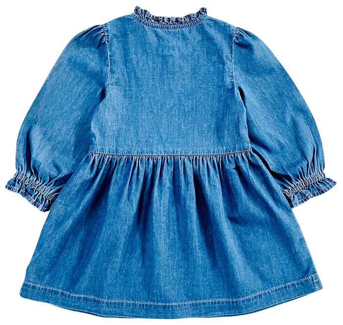 A blue denim baby dress shown from the back, featuring long puff sleeves with elastic cuffs, a smocked neckline, and a gathered waist seam.