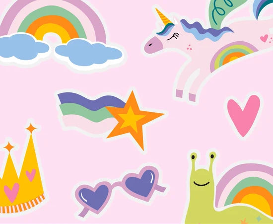 Colorful pattern with unicorns, rainbows, stars, and hearts on a pink background