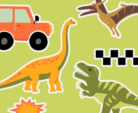 Children's fabric with orange car, yellow dinosaur, green dinosaur, and taxi cab on a green background