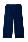 A pair of dark navy blue corduroy pants with a subtle windowpane plaid pattern, shown flat against a solid white background.