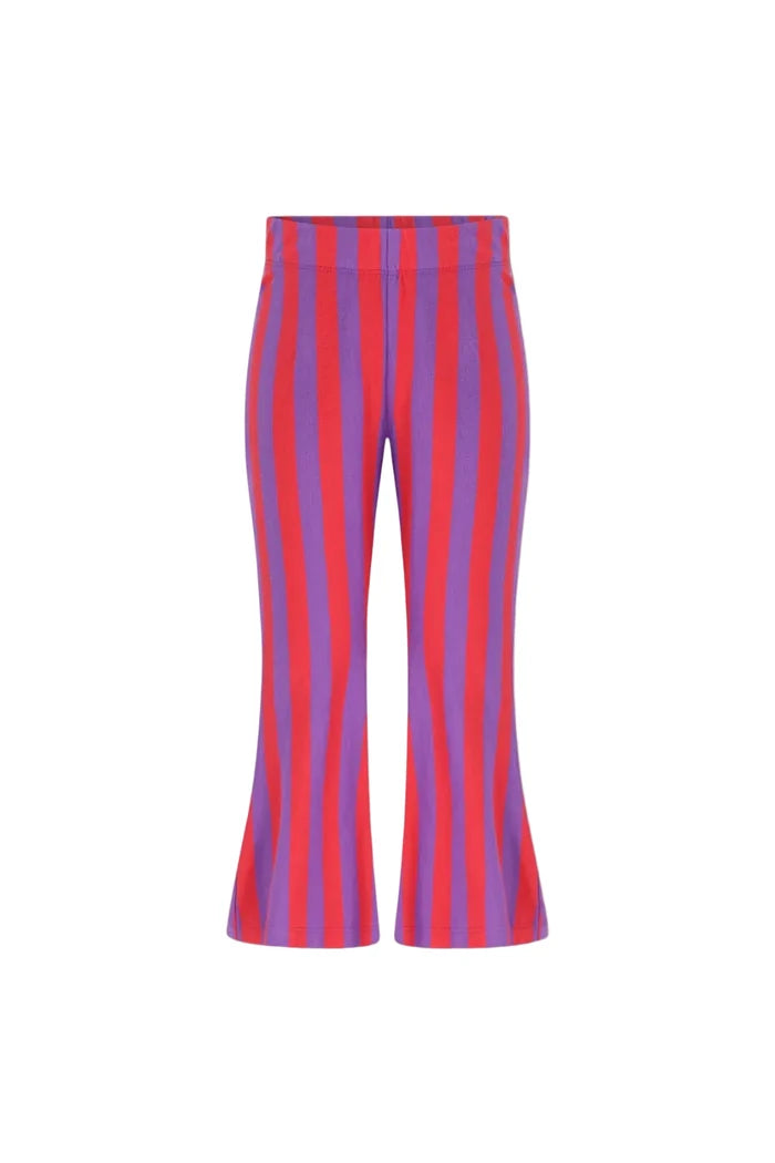 purple and red stripe flared leggings on white background