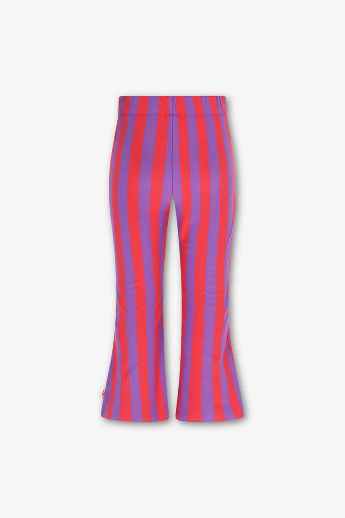 back view of purple and red stripe flared leggings on white background