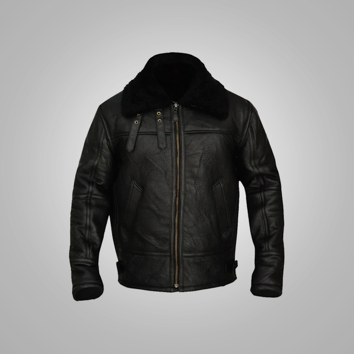 New Black Lambskin Shearling Aviator B3 Bomber Leather Jacket For Men