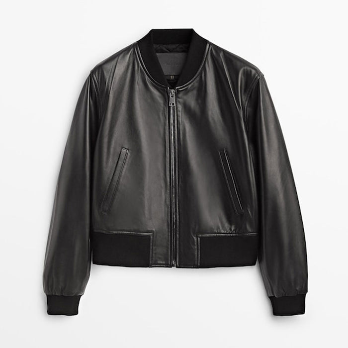 New Black Lambskin Shearling Leather Bomber Jacket For Women's
