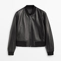 New Black Lambskin Shearling Leather Bomber Jacket For Women's