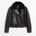 New Black Women Lambskin Aviator Genuine Leather Biker Jacket With Black Fur Collar