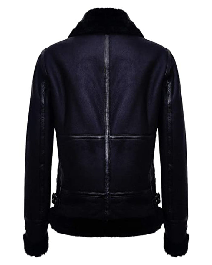 New Black Women Sheepskin Aviator Shearling Genuine Leather Bomber Jacket With  Black Fur Collar