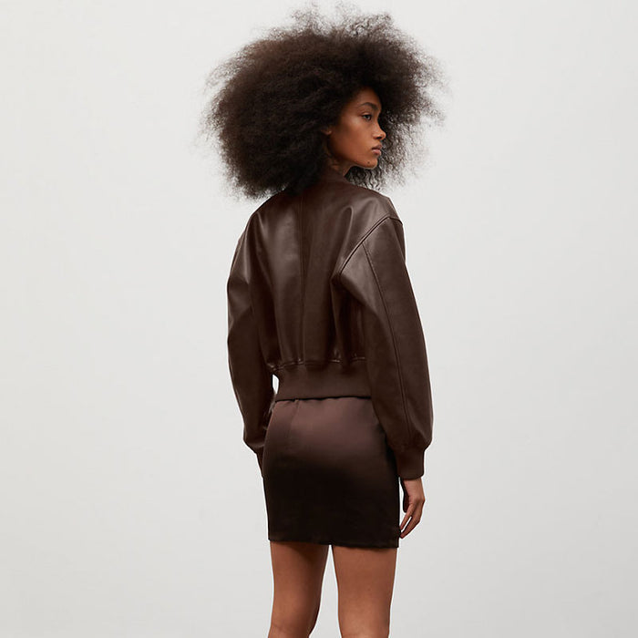 New Bomber Women Aviator Sheepskin Shearling Leather Brown Jacket