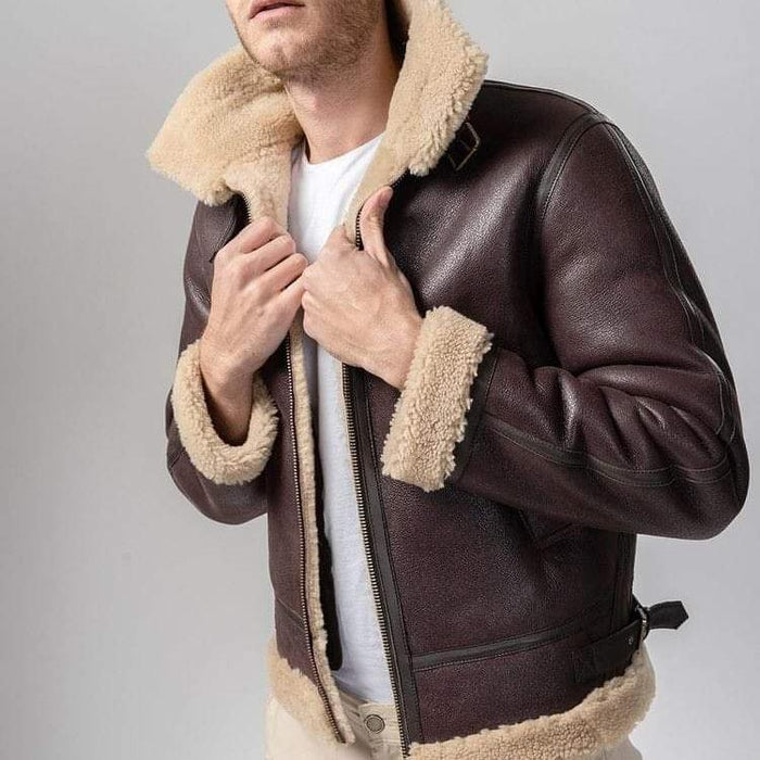 New Brown B3 Fur Flying RAF Aviator Shearling Sheepskin Leather Bomber Jacket For Men