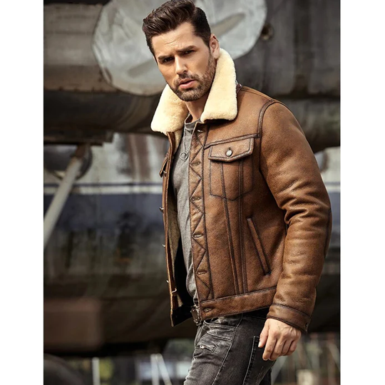 New Brown Lambskin RAF B3 Bomber Trucker Shearling Leather Jacket For Men