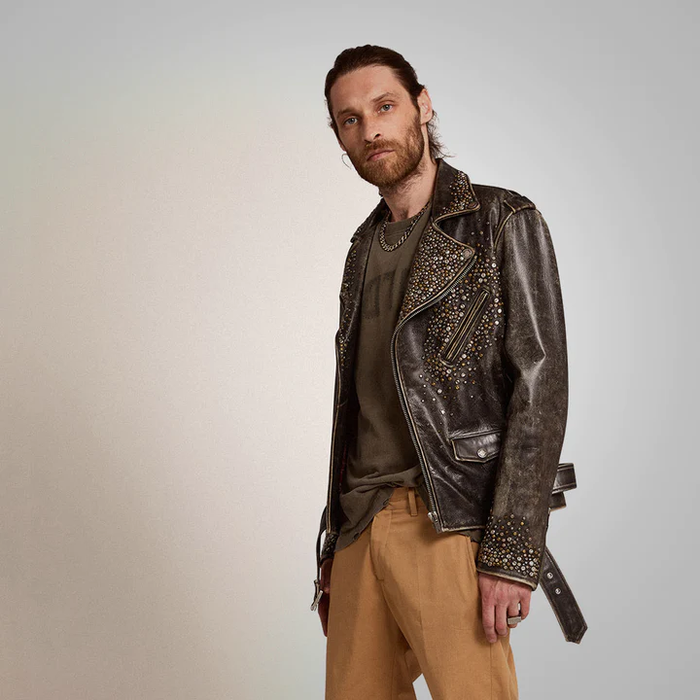 New Brown Lambskin Studded Distressed Genuine Leather Aviator Biker Jacket For Men