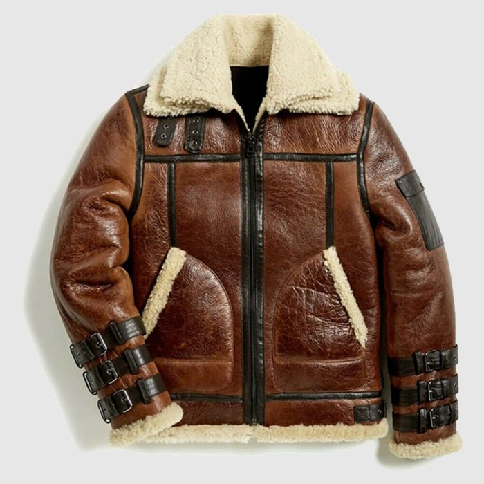 New Brown Men Sheepskin  Winter Aviator RAF B3 Bomber Shearling Leather Jacket