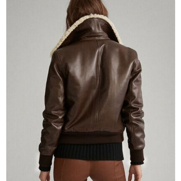 New Brown Shearling Sheepskin Aviator Motorbike Fur Leather Bomber Jacket For Women